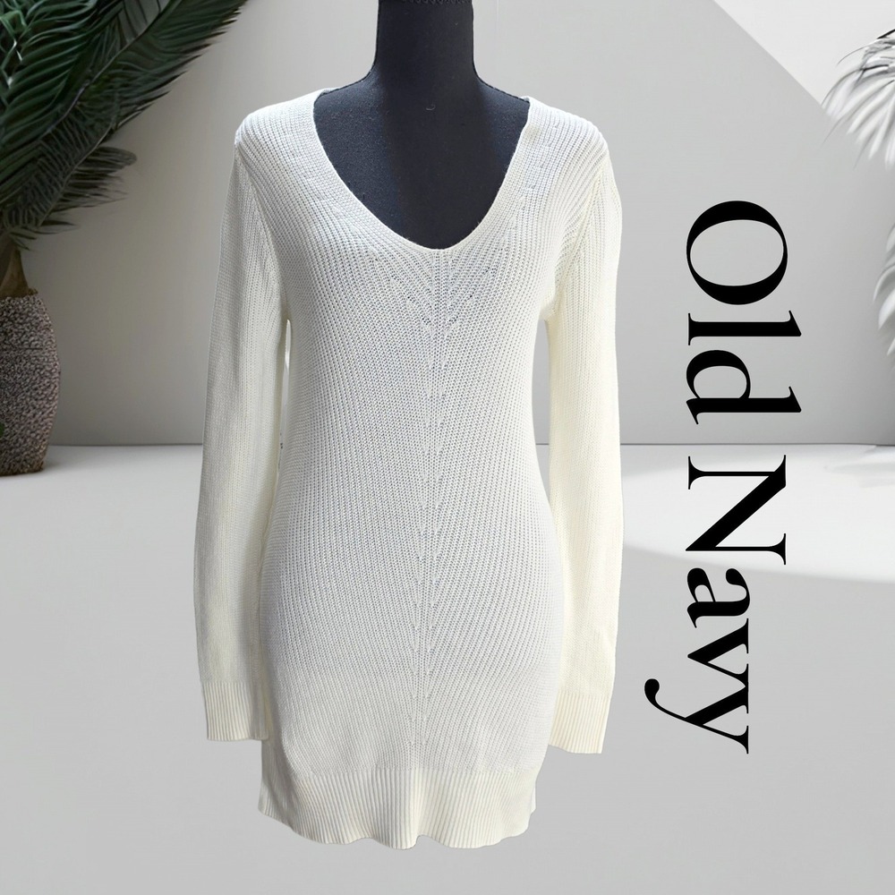 Old Navy Sweater Tunic Dress Womens M Cream Textured V Neck Boho Minimalist